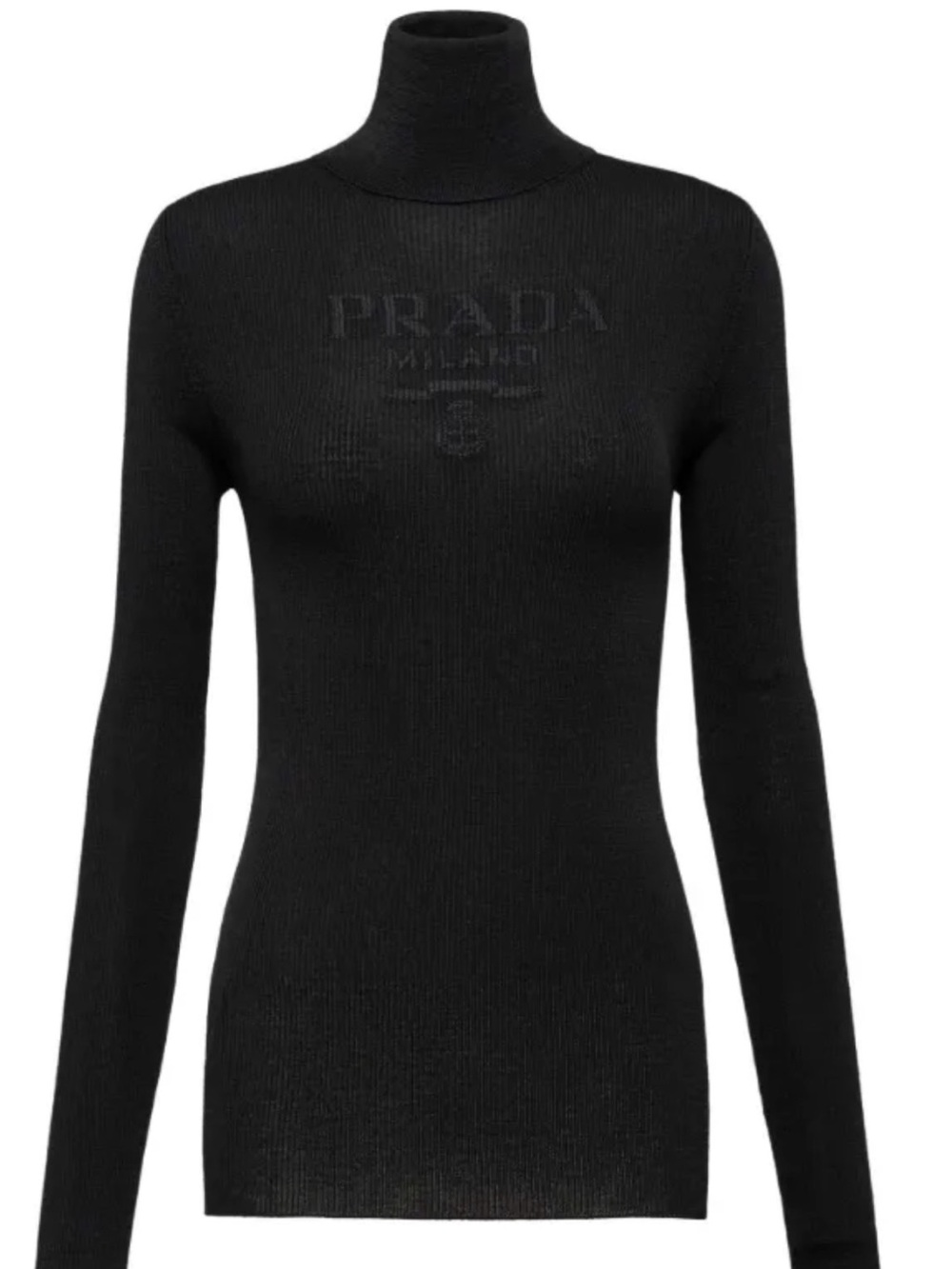 Prada Black Ribbed Logo-Intarsia Superfine Virgin Wool Turtleneck Long Sleeve